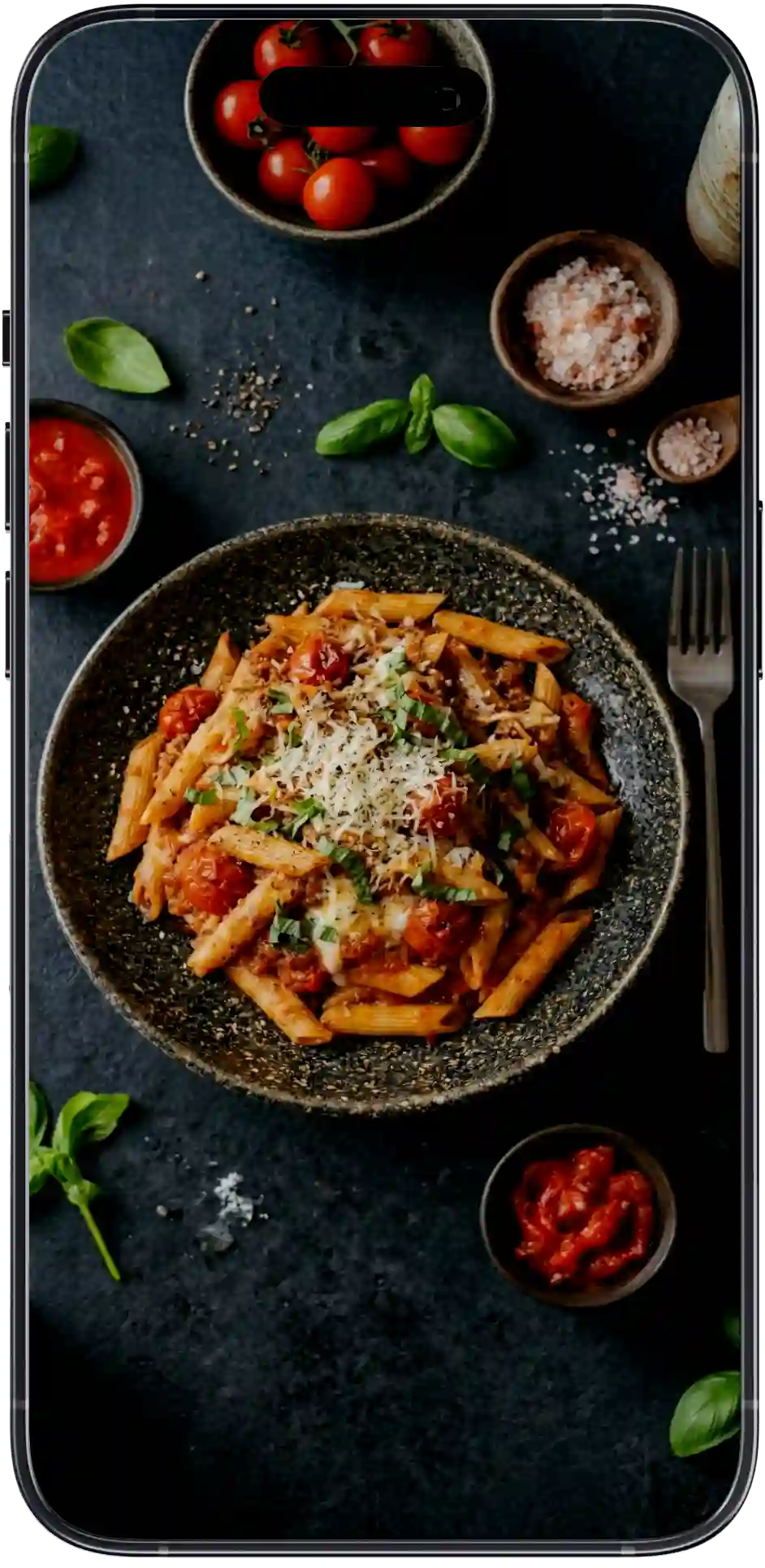 vibrant digital qr menu on smartphone screen showing delicious gourmet pasta with professional food photography and elegant typography